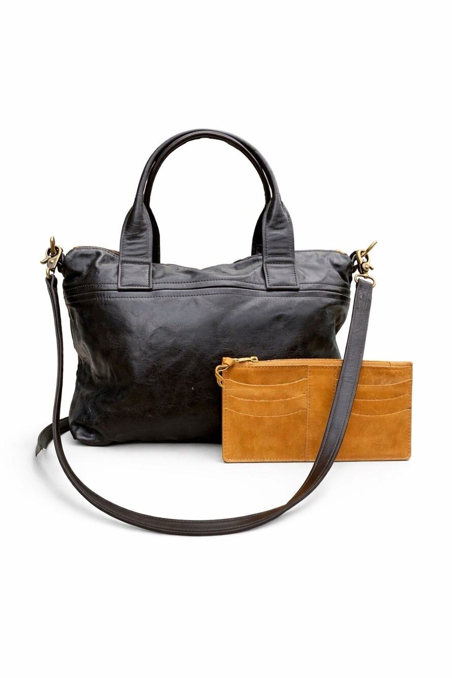 Satchel Mini Madras Leather Crossbody Handbag Charcoal Gray Handmade USA NWOT